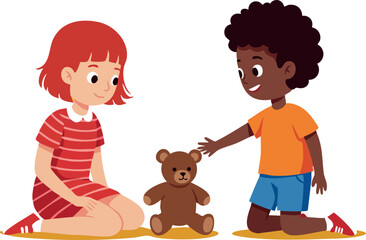 Children playing with teddy bear on floor indoors friendly interaction vector