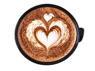 A striking overhead view of a coffee cup with elaborate latte art depicting a heart with wings surrounded by cocoa powder