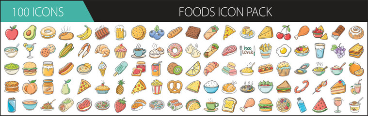 Cartoon Food Icon Pack with 100 Colorful Items - Collection of 100 hand-drawn food icons in vibrant cartoon style, featuring snacks, meals, desserts, fruits, and international cuisine.