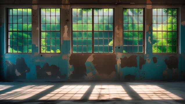 rustic industrial room with a series of large, old windows with metal frames, allowing natural light to flood the space - Powered by Adobe