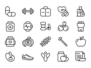Health and fitness icons set pills