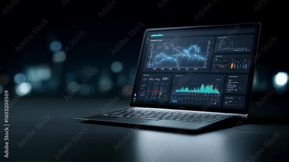 Poster open laptop displaying complex data analysis charts and graphs on its screen, suggesting innovation 