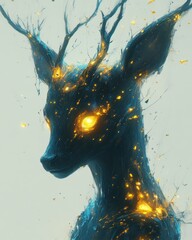 An ethereal deer, glowing with inner light, stands against a pale background.