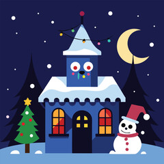 Fototapeta premium Vector art of whimsical christmas house with snowman and tree in snowy night