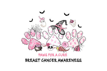 Halloween paws for a cure breast cancer awareness collage with spooky elements Halloween Sublimation Design isolated on transparent background