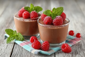 Two glasses of rich chocolate mousse are decorated with fresh raspberries and mint leaves, placed on a colorful towel. The setting highlights a rustic wooden table.