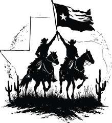 Black-and-White Vector Illustration of Cowboys with Texas Flag – 1-Item State Identity Silhouette