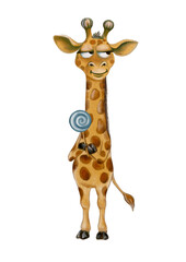 Playful giraffe character with a lollipop in a seamless watercolor pattern design