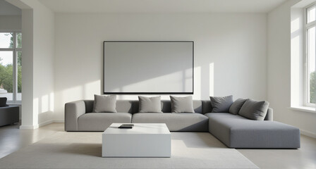 Fototapeta premium Beautiful modern living room with gray sofa and natural light in a minimalist beige and white space