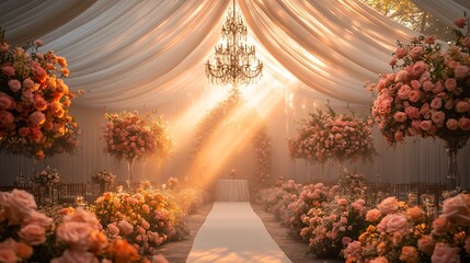 Fairytale inspired wedding decor card featuring a glass tent chandeliers and cascading floral arrangements A soft mist surrounds the venue adding a dreamy and ethereal ambiance