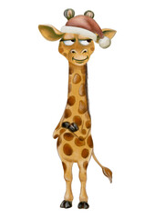 Cheerful giraffe in a festive hat perfect for holiday patterns and prints