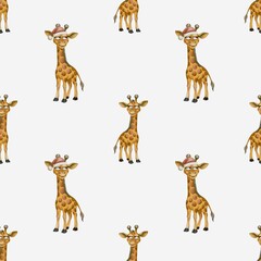 Cute watercolor pattern featuring giraffes with hats for textile and wrapping design