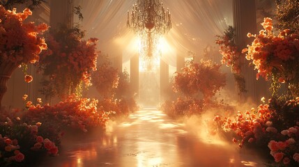 Fairytale inspired wedding decor card featuring a glass tent chandeliers and cascading floral arrangements A soft mist surrounds the venue adding a dreamy and ethereal ambiance