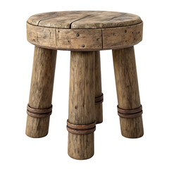 Rustic wooden stool with carved details isolated on transparent background