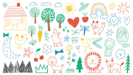 Cute Linear Style Elements &ndash; Sun, Heart, Frog, Turtle, Strawberry, Flower, Crown and Star for Kids Art and Graphic Design