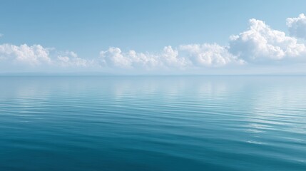 Obraz premium Tranquil seascape with calm water reflecting clouds under a clear blue sky, creating a serene and peaceful atmosphere for relaxation