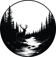 Black-and-White Vector Illustration of Deer in Forest Stream – 1-Item Wilderness Scene Silhouette