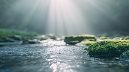 Tranquil stream flows gently over moss-covered rocks, illuminated by soft sunlight filtering through misty forest atmosphere, creating serene natural scene