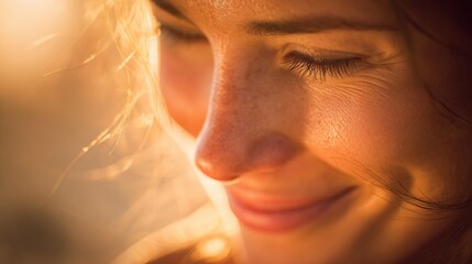 close up of gentle smile in warm sunlight with soft peaceful background