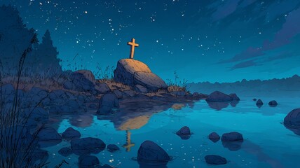 Hyper-realistic metallic cross on river rock, partially submerged with water flowing over, glowing under moonlight in a serene setting.