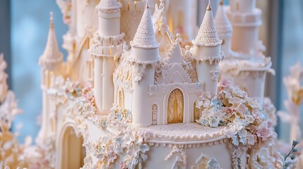 Fairytale themed wedding cake with castle shaped tiers and floral garlands delicate fondant details and pastel icing creating a magical storybook feel for the occasion