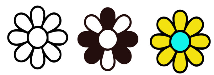 Obraz premium Three simple flower icons in a row: outline, inverted colors, and yellow with a blue center.