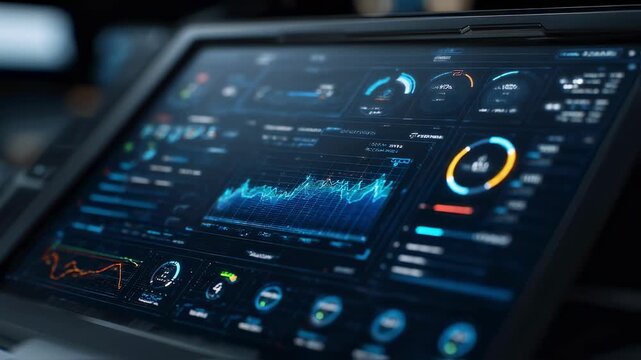 Futuristic control panel featuring complex data analysis through interactive charts and graphs, embodying advanced technology and sleek modern design