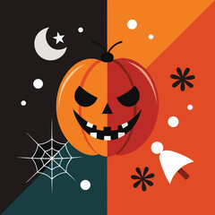 Fototapeta premium Vector art of scary jackolantern on a split halloween night background
