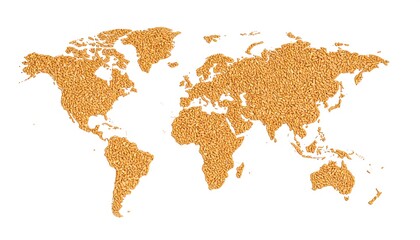 World map formed from wheat grains, representing global agriculture and food production, isolated
