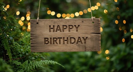 Rustic wooden happy birthday sign hanging amidst greenery and fairy lights
