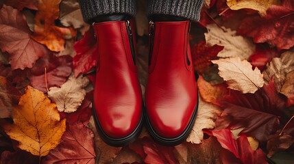 Fall fashion spread featuring stylish ankle boots with cozy sweaters leather bags and autumn leaves scattered around for a seasonal look