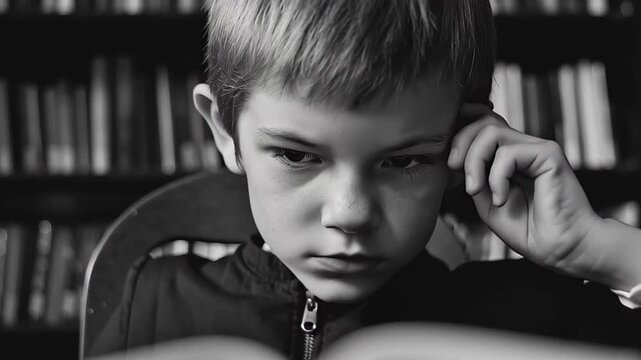 Young boy reading intently with magnifying glasses in library during afternoon study session