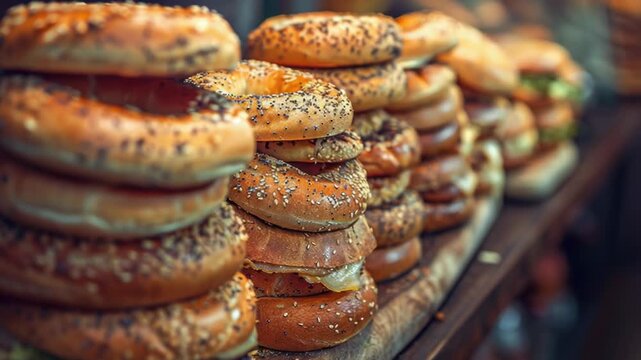 Freshly baked bagels piled high