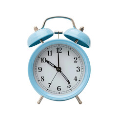 Light blue alarm clock showing the time