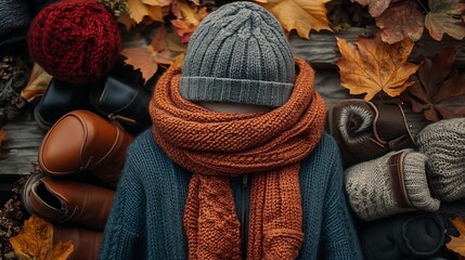 Fall fashion spread featuring cozy knitted scarves leather boots and warm toned sweaters set against a backdrop of autumn leaves