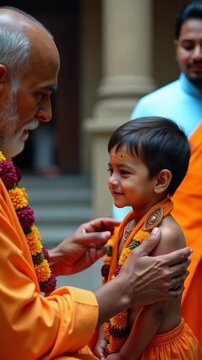 Close-up of a child with one on his forehead, an elderly man in bright orange clothes communicates with a boy in traditional jewelry, creating a touching scene filled with warmth and cultural signific