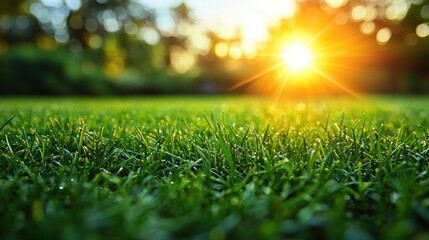 Naklejka premium Sunny lawn with bright sun light, lush green