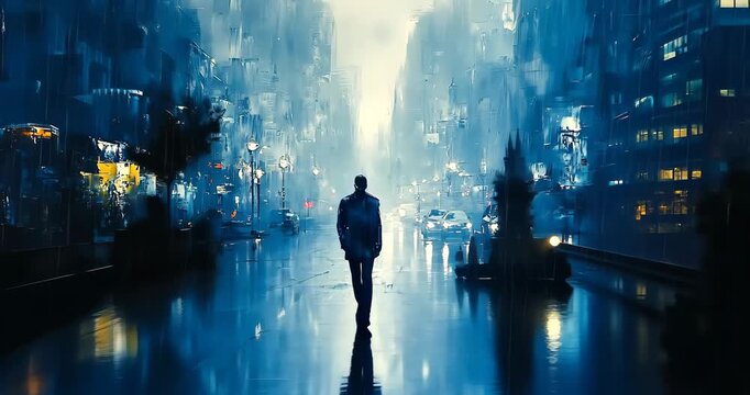 A man walks down a rainy city street at night, lost in thought.