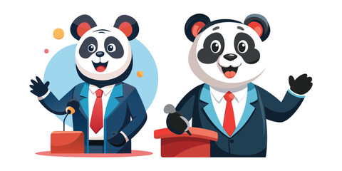 Confident Business Panda Giving TED-Style Talk Vector – Motivational Animal Speaker Illustration for Branding, Presentations, Public Speaking, Business Training, Posters, and Merchandise Design