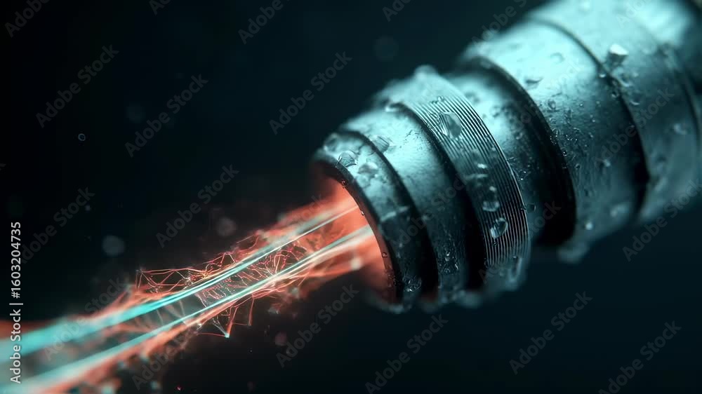 Poster wet metallic device is releasing a glowing plexus structure made of interconnected lines and dots, s