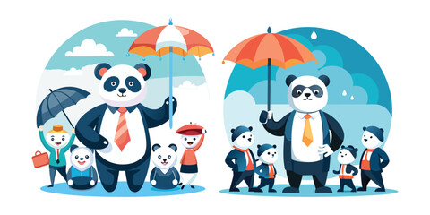 Business Panda Holding Umbrella Over Team Vector – Leadership, Team Protection, Crisis Management, Office Concept Art, Motivational Illustration for Branding, Posters, Presentations, and Merchandise