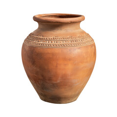 Elegant terracotta clay pot with embossed details isolated on a white background