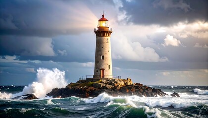 Obraz premium Lighthouse on a rocky island during a storm