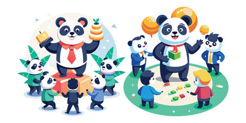 Team-Building Business Panda Vector – Fun Office Character Design for Corporate Events, Leadership Concepts, Workplace Culture, Teamwork Posters, Presentations, and Branding Materials