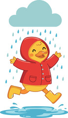 Duckling in red raincoat and boots jumping in puddle under rain cloud cheerful vector illustration