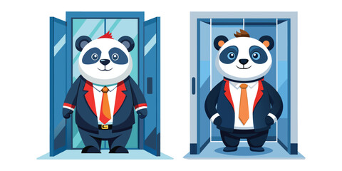 Confident Business Panda in Elevator Vector – Professional Animal Character Art for Branding, Marketing, Office Humor, Workplace Posters, Presentations, and Merch Designs