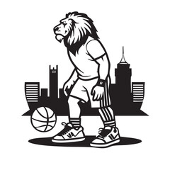 Lion in adidas shelltoes on urban basketball court at golden hour