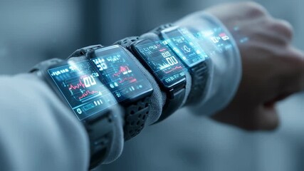 Businessman wearing multiple smartwatches, each displaying various data and futuristic holographic projections, highlights advancements in wearable technology and innovation - Powered by Adobe