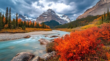 Fall mountain landscape with vibrant orange and red foliage majestic peaks in the distance and a crystal clear river winding through the valley showcasing autumn's beauty