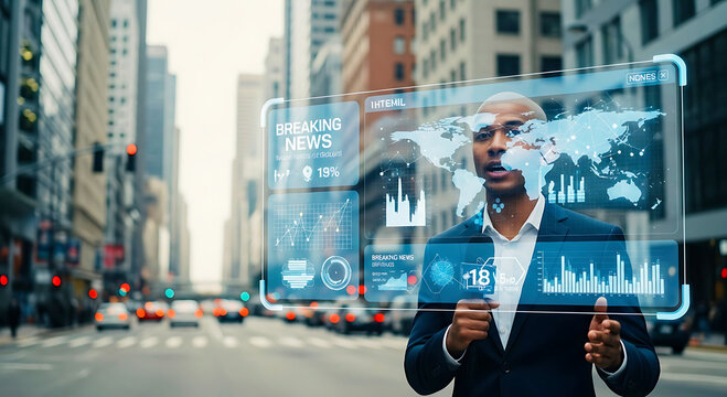 Man presenting global news data on holographic interface business technology - Powered by Adobe